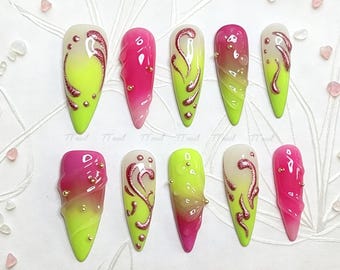 Neon Lime Fuchsia Stiletto Press On Nails | 3D Cyberpunk Chrome Swirls, Festival Glue Ons
