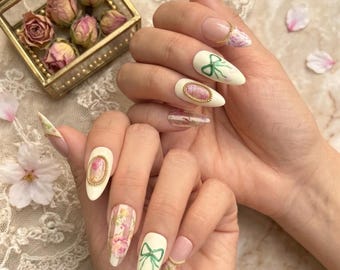 Vintage French Rose Floral Press-On Nails | Chic Coquette, Green Ribbon, Gold Frames
