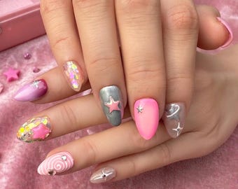 Pink Y2K Press on Nails | Silver Chrome Stars, 3D Swirls, Glitter (Handmade)