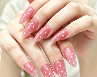Strawberry Pink Polka Dot Press-On Nails | Aurora Shimmer Finish, Minimalist Style