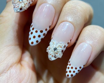 3D Floral Polka Dot French Tip Nails | Romantic Cottagecore Almond Press Ons