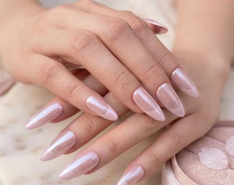 Glazed Donut Almond Nails | Pearl Shimmer French Manicure, Minimalist Bridal Press-Ons