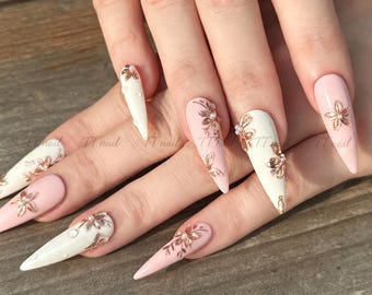 3D Gold Spring Floral | Minimalist Matte Nude  Pearl Dewdrop Nails