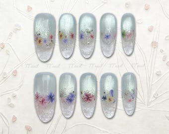 Handmade Glacier Blue Aura Press on Nails | Flower Icy Gradient Fairy Core Bridal