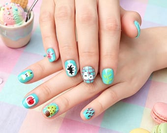 Abstract Fruit Art Press on Nails | Teal Avant-Garde Short Square Matte Graphic Nails