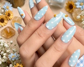 3D Honey Bee Press On Nails | Baby Blue Polka Dot Stiletto Glue Ons