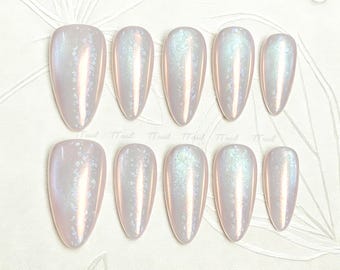 Handmade Iridescent Opal Press On Nails | Unicorn Shimmer Aura, Mermaid Shell Pearl Glazed Shape