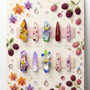 May include: A collection of ten long, decorated fingernails. The nails feature various designs, including floral arrangements, berry accents, and abstract patterns. The color palette includes shades of red, purple, white, and yellow. The nails are arranged on a light background with floral and berry decorations.