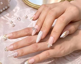 3D Baroque Press on Nails | Gold Filigree Pearl Polka Dot French Tip Fake Nails
