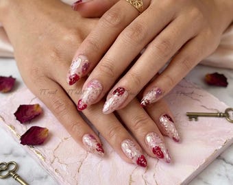 3D Rose Oil Painting Nails | Vintage Gold Foil Floral Almond Press-Ons
