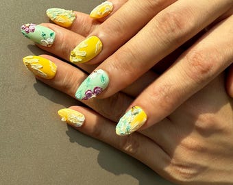 Easter 3D Floral Press On Nails – Hand-Painted Impasto Art, Pearl Accents, Spring Vibes