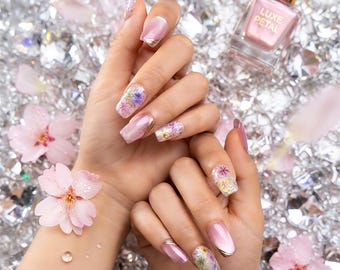 Handmade Pink Cat Eye Nails with Gold Foil Flowers | Spring Wedding Press-ons