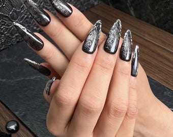 Gothic Black Lace Coffin Nails | Dark Ombre Silver Chrome Detailing