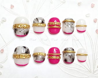 Hand-Painted Granite Press On Nails | Hot Pink Gold Band | Luxury Short Round Glue Ons