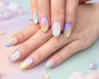 Pastel Aura Cat Eye Press On Nails | Asymmetric Jelly Icy Gradient Set