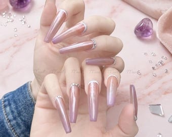Lavender Aura Press on Nails | Silver Glitter French Tip Ombre Glass Nails