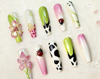 3D Floral Ladybug Press on Nails | Cow Print, Ombré, Drip Accents