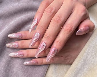 Nude Pink Cat Eye Press on Nails | Brown Velvet Starry Nails | Handmade Celestial Galaxy Nails | Luxury Reusable Almond Glue on Nails