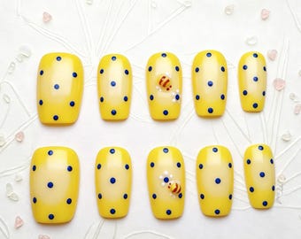 3D Bumble Bee Press on Nails | Yellow Blue Polka Dot Fake | Summer Garden Art