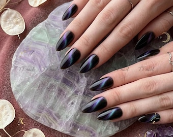 Black Cat-Eye Almond Nails | Galaxy Magnetic Velvet Mystic Universe