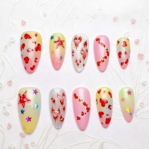 Y2K Red Leopard Flame Heart Press on Nails | Hand-Painted Cyberpunk Gradient Fake Nails