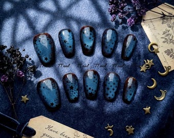 Handmade Blue Aura Coffin Nails | Starry Night Gothic Design, Grunge Reusable Gel Nails