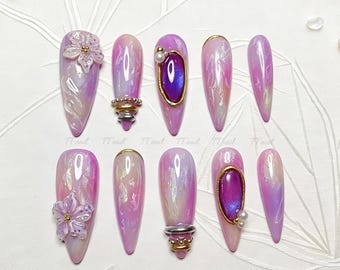 Luxury Press On Nails | 3D Floral Gemstone Aura Galaxy Handpainted Fake Nails