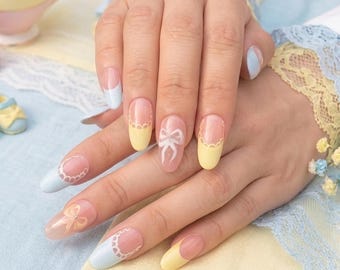 Hand-Painted Pastel Ribbon Bow Nails | French Tip Lace Design