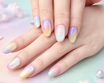 Pastel Aura Cat Eye Press On Nails | Asymmetric Jelly Icy Gradient Set