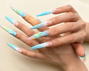 3D Fairy Garden Press on Nails | Ethereal Matte Florals, Stiletto Summer Set