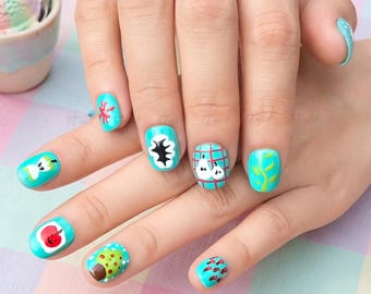 Abstract Fruit Art Press on Nails | Teal Avant-Garde Short Square Matte Graphic Nails