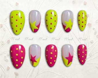 Neon Y2K Star Press On Nails | Pink Lime Polka Dot Gel Set