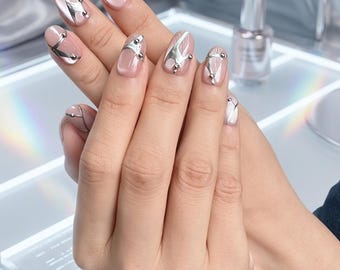 Handmade Futuristic Silver Aura Press On Nails | Metallic Chrome Studded Nails | Y2K Cyber Minimalist Nails | Luxury Nude Shimmer