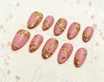 Hand-Painted 3D Dusty Rose Spring Floral Press-On Nails | Gold Embossed Bridal Set