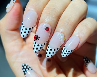 Handmade Ladybug French Tip Nails | Black White Polka Dot Garden Floral Charm