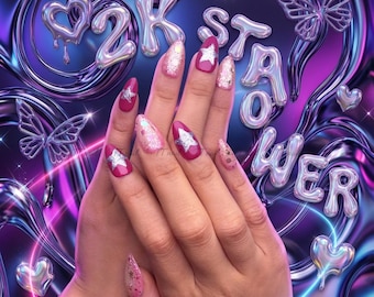 Y2K Pink Glitter Star Press-On Nails | Chrome Cherry Red Almond Set