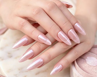 Glazed Donut Almond Nails | Pearl Shimmer French Manicure, Minimalist Bridal Press-Ons