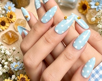 3D Honey Bee Press On Nails | Baby Blue Polka Dot Stiletto Glue Ons