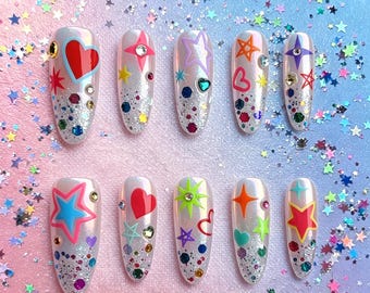 Y2K Star Press on Nails | Colorful Kidcore Pop Art Nails | Neon Retro Heart Decora