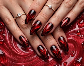 Red Cat Eye Vampire Almond Nails | Gothic Flame Press-Ons (Halloween)