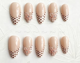 3D Floral Polka Dot French Tip Nails | Romantic Cottagecore Almond Press Ons