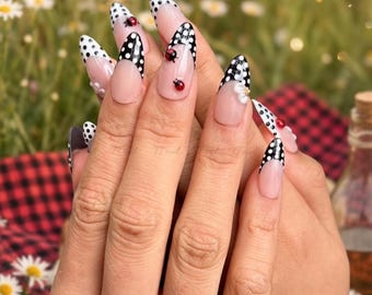 Handmade Ladybug French Tip Nails | Black White Polka Dot Garden Floral Charm