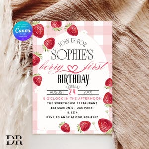 Pink Gingham Berry First Birthday Invitation Template, Berry First Birthday Invitation, Berry First Birthday Invitation Digital , Instant