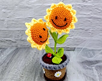 Crochet sunflower twin set, lover friendship gift, valentine' day mother day, flower ornament, birthday (S3)