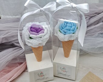 Crochet rose ice cream cone, handmade flower bouquet, gift, valentine' day mother day, flower ornament, birthday CRF-034
