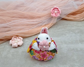 Small Japanese rabbit, kimono fabric art, fabric doll, gift RAB-E