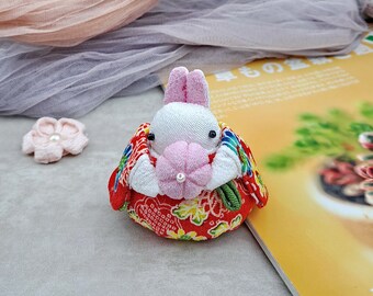 Small Japanese rabbit, kimono fabric art, fabric doll, gift RAB-N