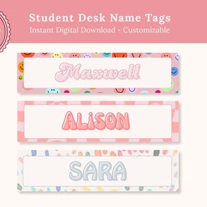 Editable Student Name Tags | Groovy Classroom Decor | Desk Name Plates | Canva Template for Teachers | Printable Desk Labels | Retro Class