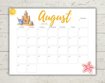 Kalender August 2026 Aquarell | Minimalistischer druckbarer Kalender | Bearbeitbar & Ausfüllbar