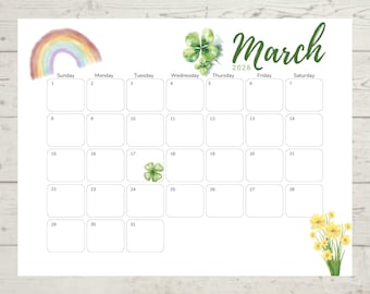 März 2026 Aquarell-Kalender | Minimalistischer druckbarer Kalender | Bearbeitbar & Ausfüllbar